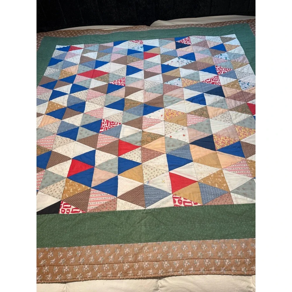 Antique Handmade Reversible Triangle Patchwork Quilt Cotton Geometric 74x72